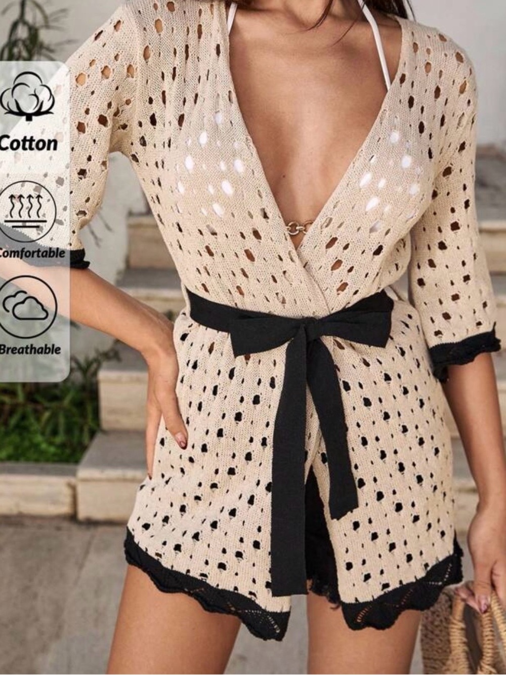Beige Crochet Swim Coverup with Black Trim and Tie Waist